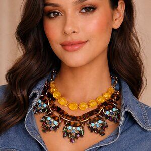 Charming Sisters Statement Necklace 16” Tortoise Lucite Crystal Drop NWT